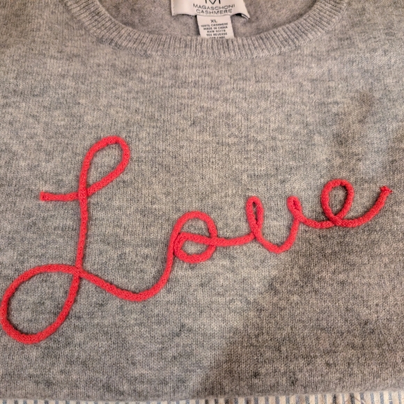 Magaschoni Sweaters - CASHMERE Magaschoni Gray Sweater with Coral Pink 'Love' Embroidery XL